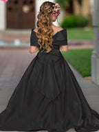 Ivory Satin Flower Girl Princess Ball Gown With Sweep Train And Bow Trim