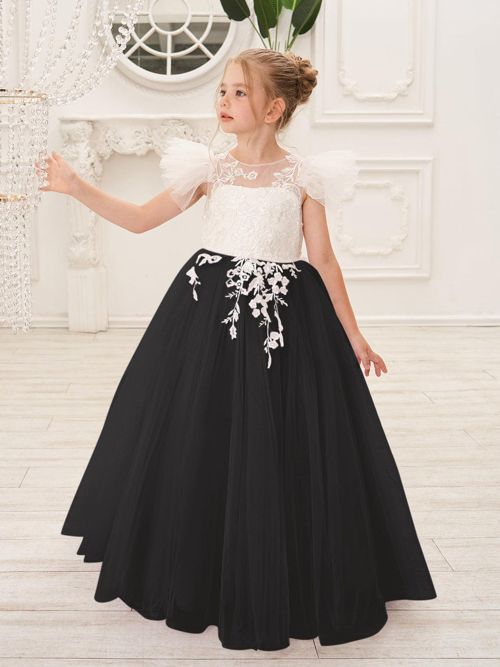 Detachable Lace Tulle Flower Girl Dress With Bow And Sweep Train