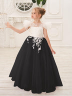 Detachable Lace Tulle Flower Girl Dress With Bow And Sweep Train