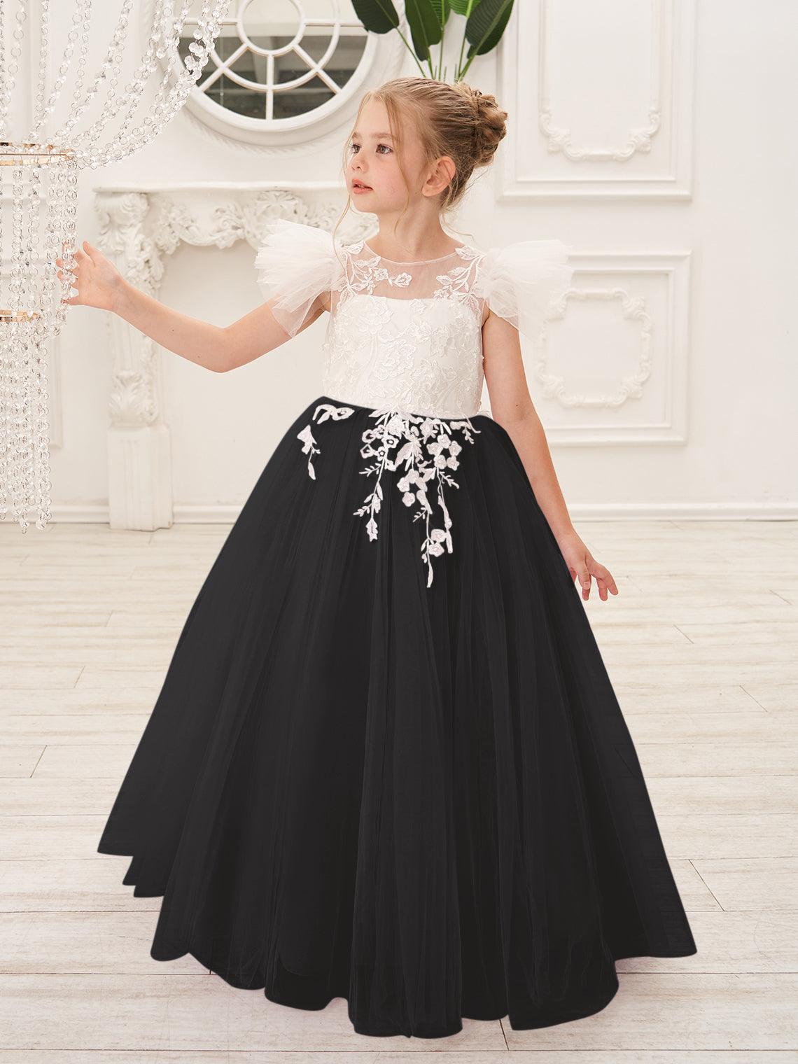 Detachable Lace Tulle Flower Girl Dress With Bow And Sweep Train