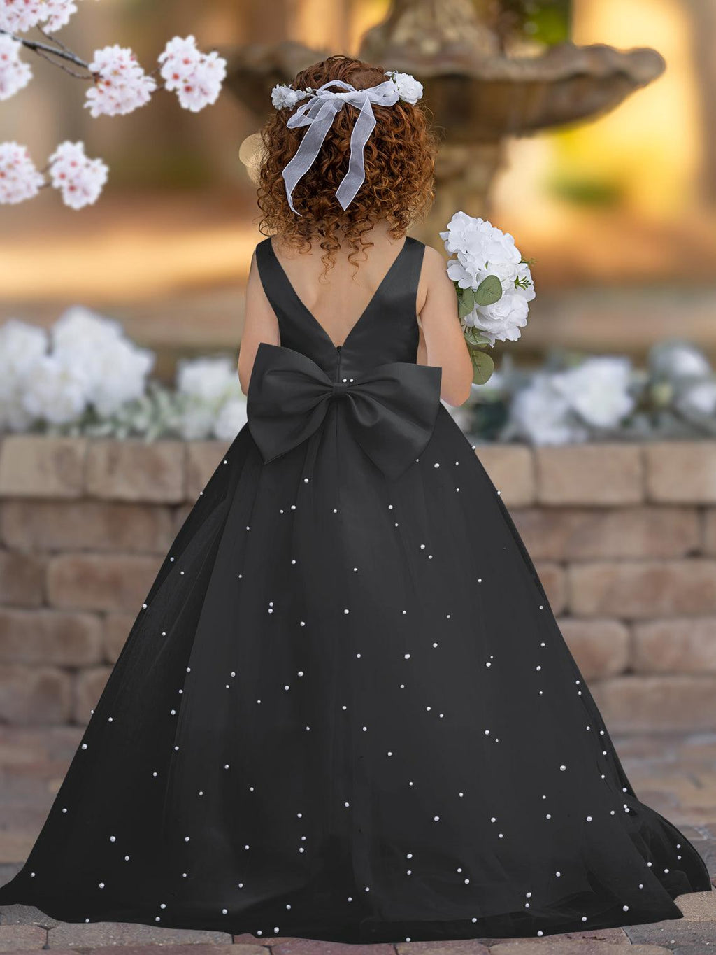 Floor Length V Neck Satin Tulle Princess Flower Girl Dress