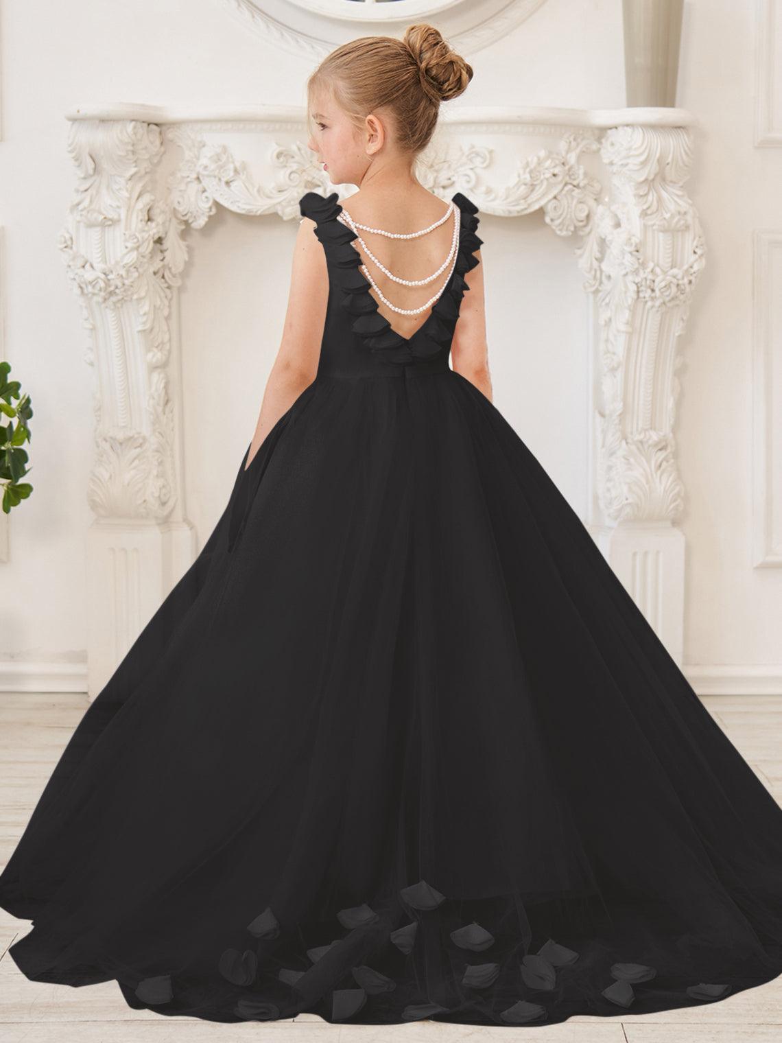 Elegant White Tulle Flower Girl Applique Lace Dress With Sweep Train