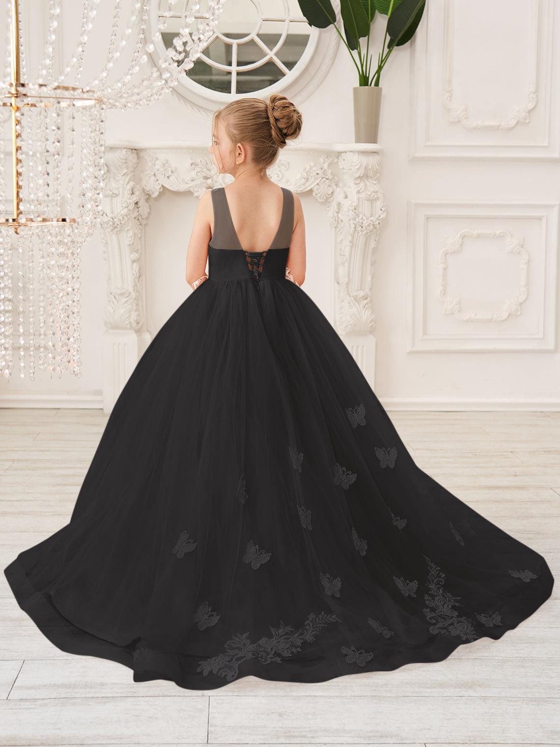 Elegant Sleeveless Tulle Flower Girl Dress With Applique Lace And Sweep Train