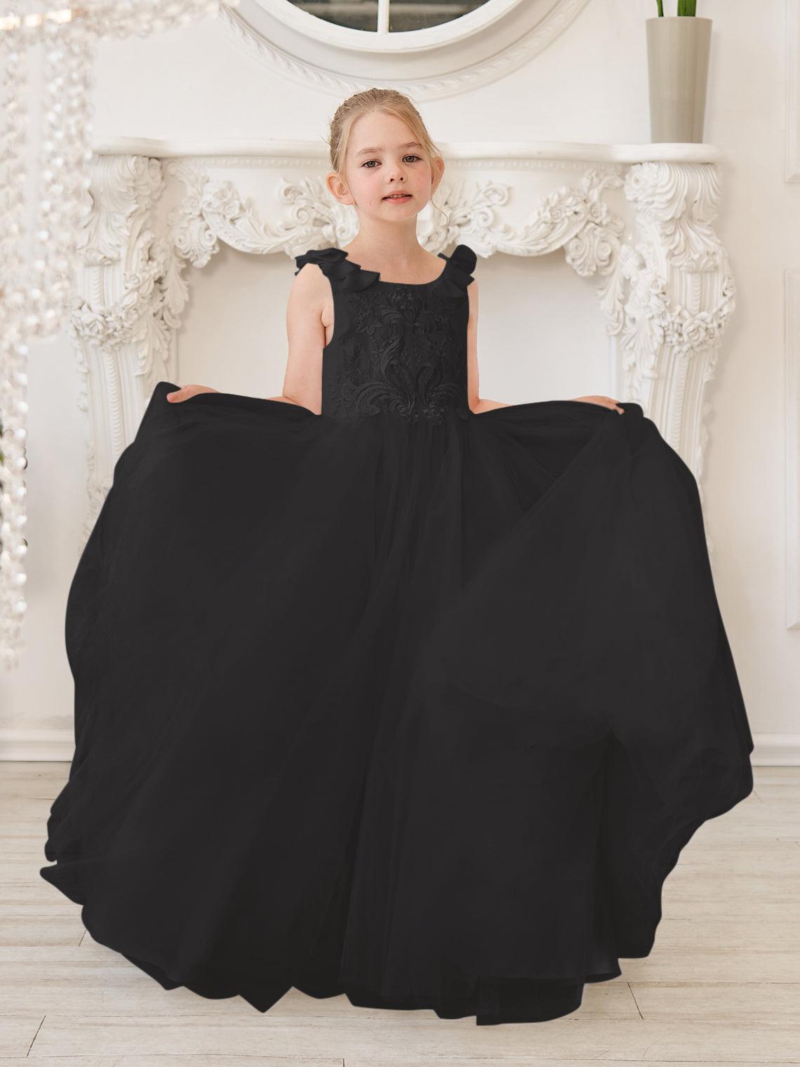 Elegant White Tulle Flower Girl Applique Lace Dress With Sweep Train