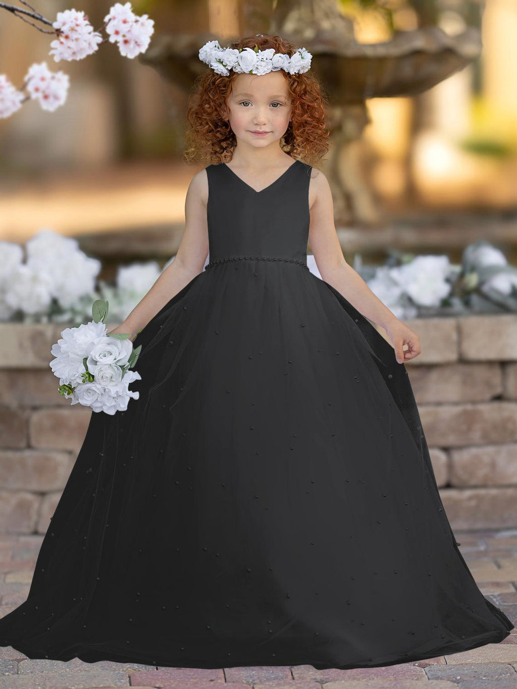 Floor Length V Neck Satin Tulle Princess Flower Girl Dress