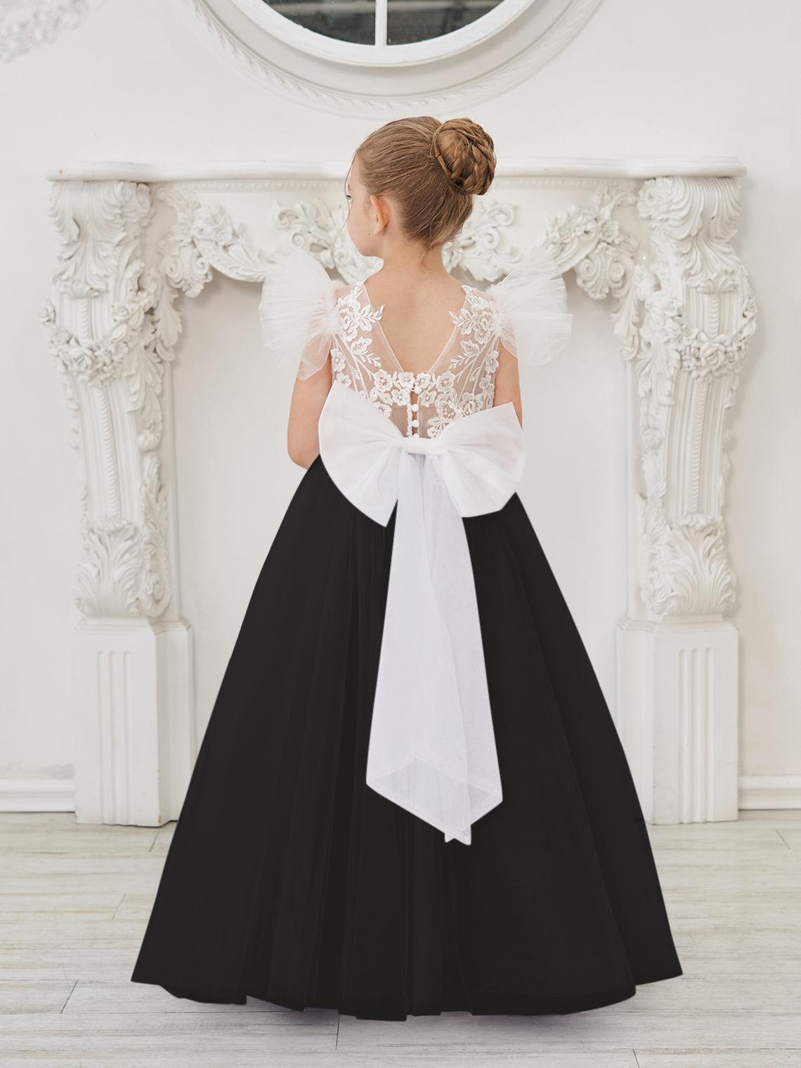 Detachable Lace Tulle Flower Girl Dress With Bow And Sweep Train