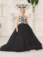 Elegant Sleeveless Tulle Flower Girl Dress With Applique Lace And Sweep Train