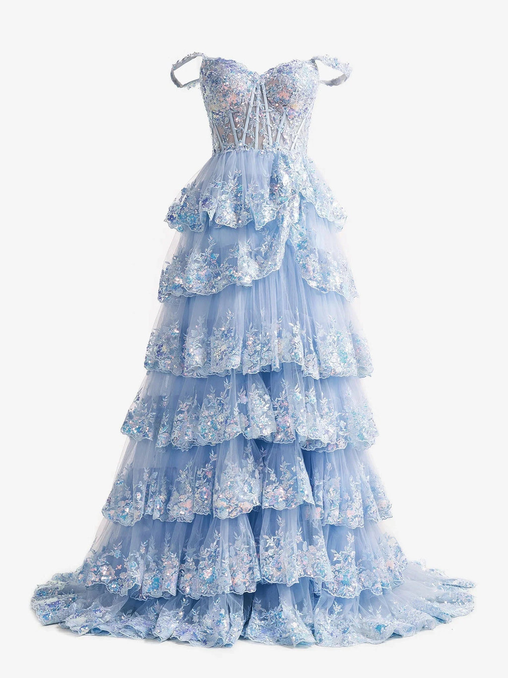 Capri | Abito da sera azzurro con paillettes cristallo, linea a principessa, scollatura a spalle scoperte e balze di pizzo