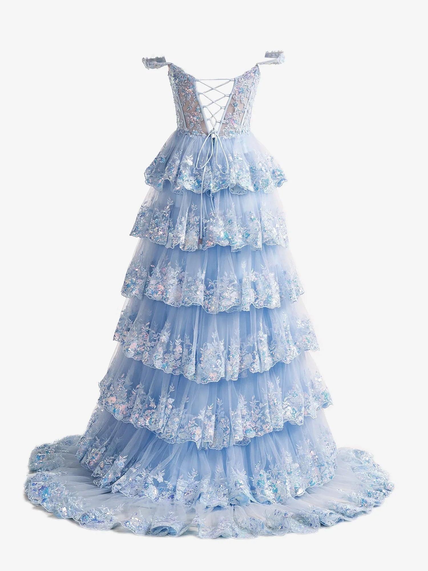 Capri | Abito da sera azzurro con paillettes cristallo, linea a principessa, scollatura a spalle scoperte e balze di pizzo