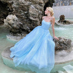 Blaues langes rückenfreies A-Linien-Ballkleid mit Tüll und Pailletten