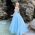 Blaues langes rückenfreies A-Linien-Ballkleid mit Tüll und Pailletten