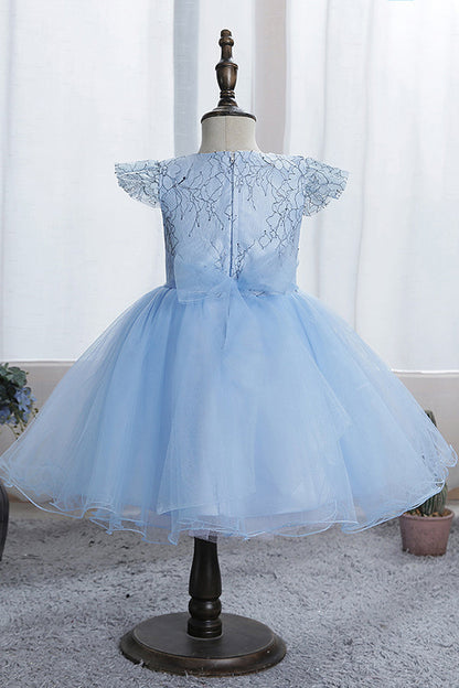 Blue Short Ball Gown Scoop Tulle Lace Flower Girl Dresses with Cap Sleeve
