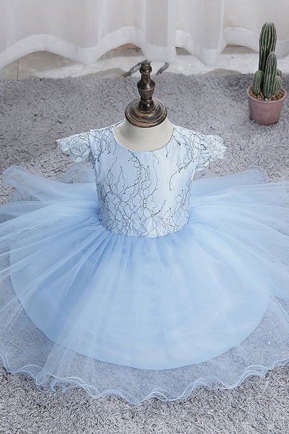 Blue Short Ball Gown Scoop Tulle Lace Flower Girl Dresses with Cap Sleeve