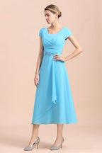 Abito da madre della sposa in chiffon blu a maniche corte, lunghezza tè, online