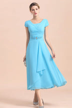 Abito da madre della sposa in chiffon blu a maniche corte, lunghezza tè, online
