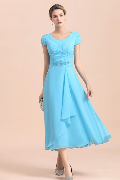 Vestido de gasa azul de manga corta para madre de la novia, largo hasta la rodilla, en línea