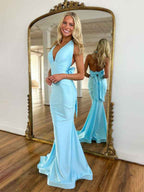 Light Blue Mermaid Prom Dress With Halter Neckline Backless