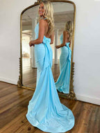 Light Blue Mermaid Prom Dress With Halter Neckline Backless