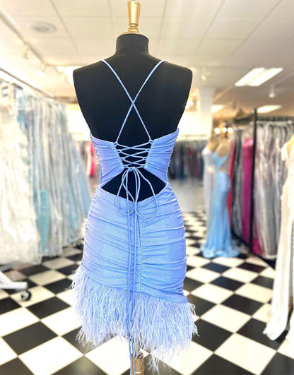Sheath Blue Homecoming Dress with Feathers