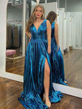 Blue Metallic A Line V Neck Long Prom Dress With Slit
