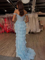 Blue Off The Shoulder Mermaid Satin Prom Dress With Lace Appliques