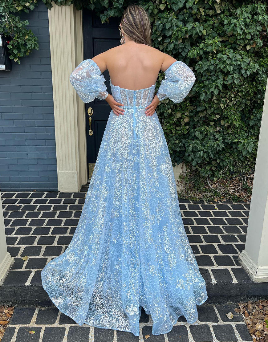 Abito da sera a linea ad A con scollo a cuore e pizzo, maniche lunghe