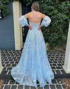 Abito da sera a linea ad A con scollo a cuore e pizzo, maniche lunghe