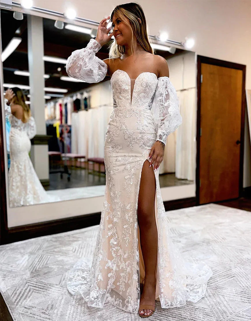 Alexandrie | Robe de bal en dentelle à décolleté cœur sirène avec manches amovibles