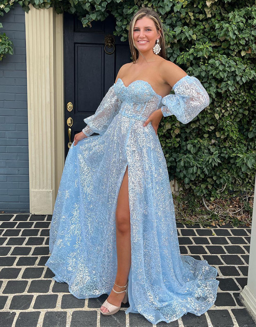 Abito da sera a linea ad A con scollo a cuore e pizzo, maniche lunghe