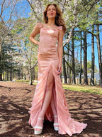 Blush Mermaid Spaghetti Strap Chiffon Gown With Ruffles