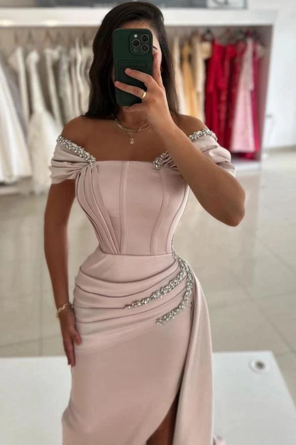 Blush Pink Satin Off Shoulder Mermaid Evening Gown High Slit