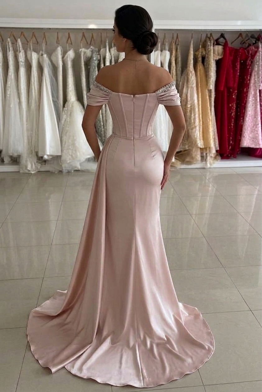 Blush Pink Satin Off Shoulder Mermaid Evening Gown High Slit