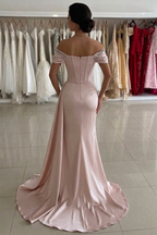 Blush Pink Satin Off Shoulder Mermaid Evening Gown High Slit