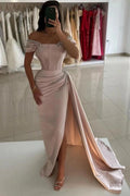 Blush Pink Satin Off Shoulder Mermaid Evening Gown High Slit