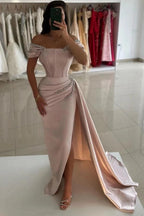 Blush Pink Satin Off Shoulder Mermaid Evening Gown High Slit