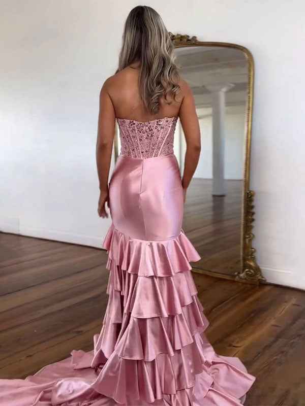 Pink Mermaid Strapless Satin Tiered Long Prom Dress With Sequins