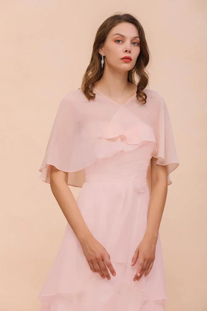 فستان وصيفة العروس الوردي المحمر بطول الركبة من الشيفون البسيط فستان حفلات للبنات مع أغطية