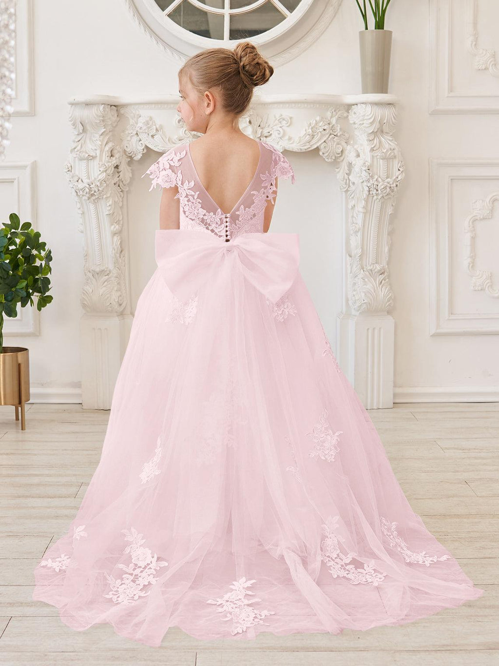 Ivory Lace Tulle First Communion Flower Girl Dress With Detachable Train