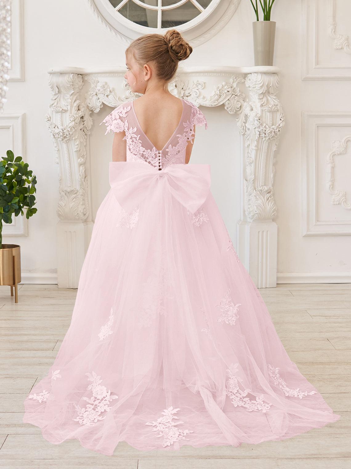 Ivory Lace Tulle First Communion Flower Girl Dress With Detachable Train