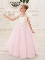 Detachable Lace Tulle Flower Girl Dress With Bow And Sweep Train