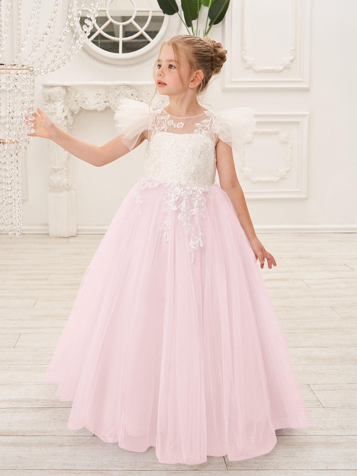 Detachable Lace Tulle Flower Girl Dress With Bow And Sweep Train