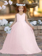 Floor Length V Neck Satin Tulle Princess Flower Girl Dress