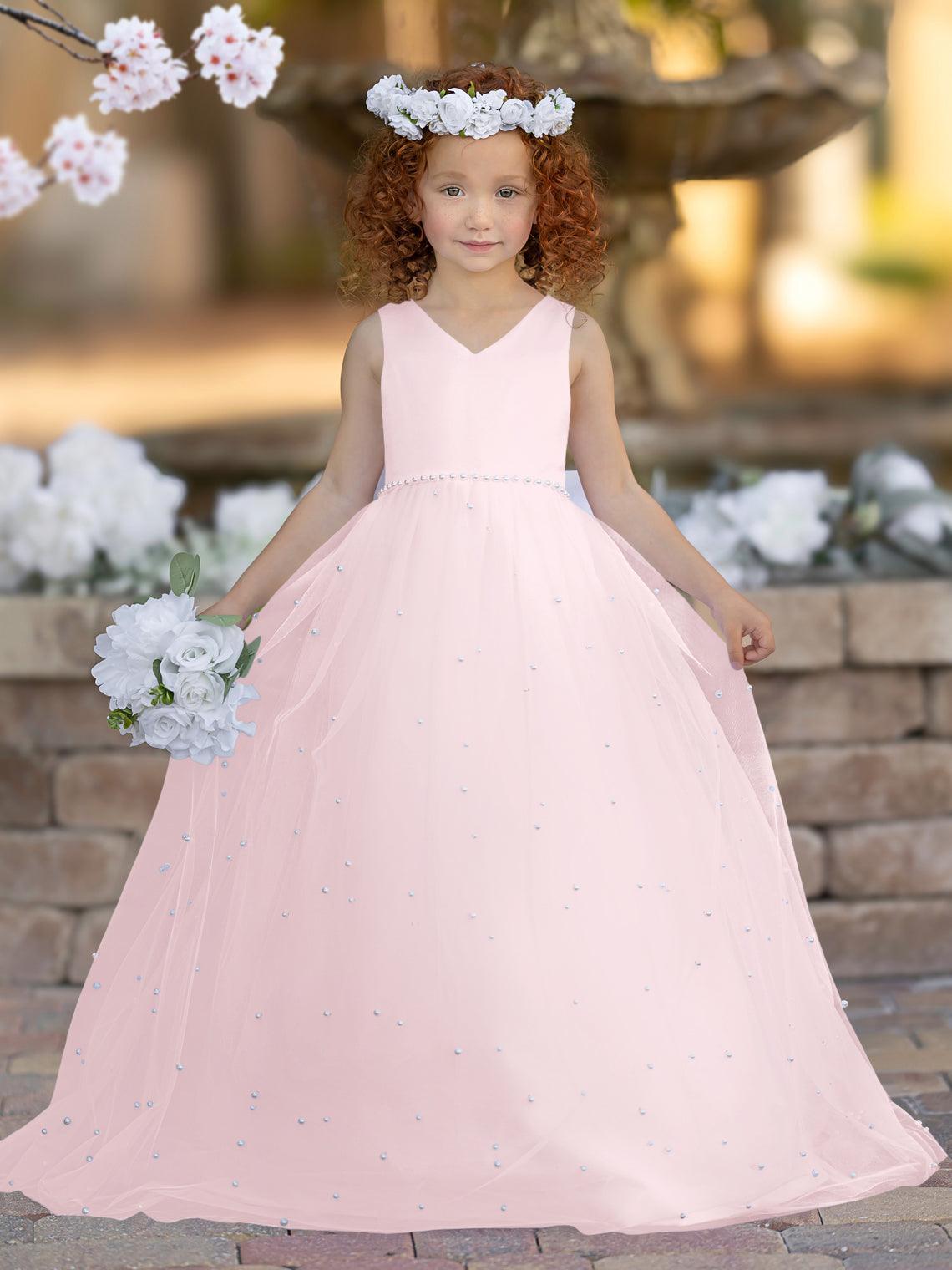 Floor Length V Neck Satin Tulle Princess Flower Girl Dress