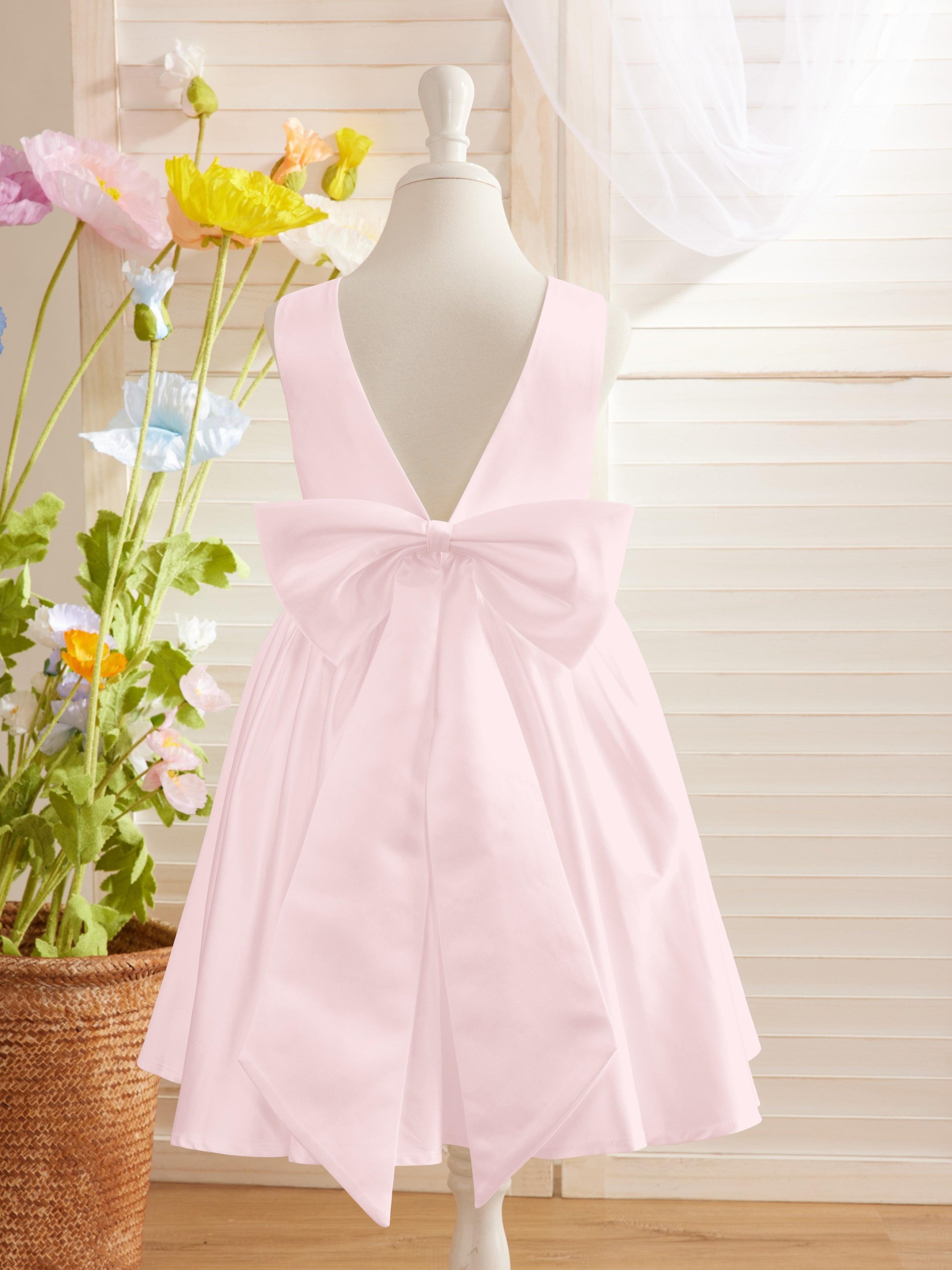 Ivory Satin Knee Length Flower Girl Dress Princess A Line Bow