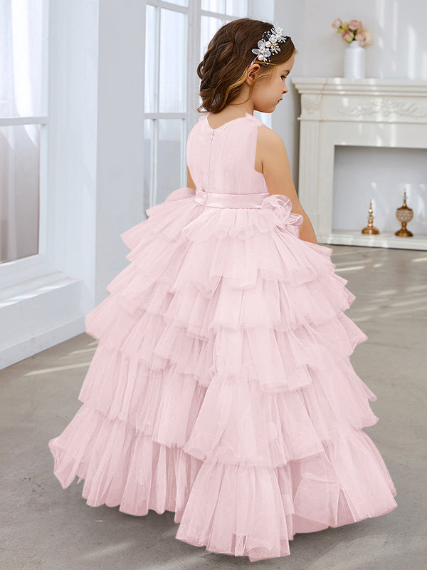 Ball-Gown/Princess Pearl Pink Sleeveless Tulle Bow Flower Girl Dress