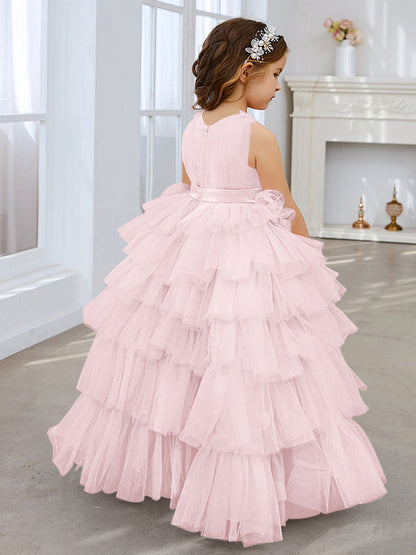 Ball-Gown/Princess Pearl Pink Sleeveless Tulle Bow Flower Girl Dress