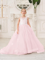 Elegant Sleeveless Tulle Flower Girl Dress With Applique Lace And Sweep Train