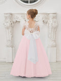 Detachable Lace Tulle Flower Girl Dress With Bow And Sweep Train
