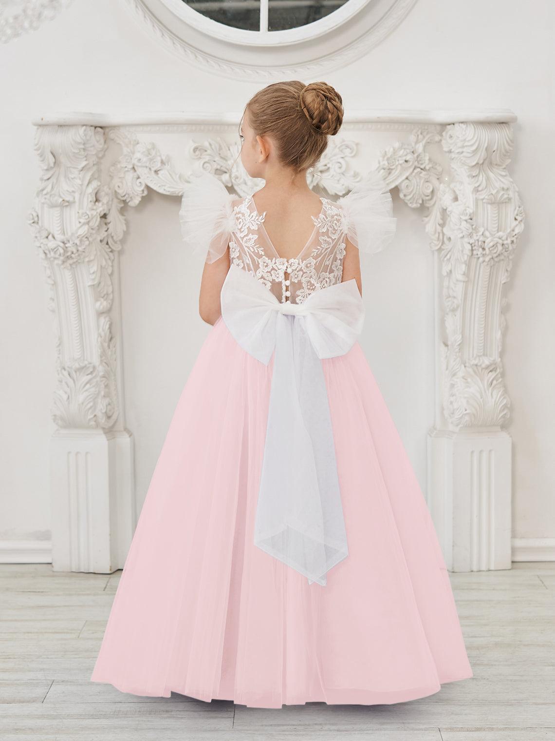 Detachable Lace Tulle Flower Girl Dress With Bow And Sweep Train