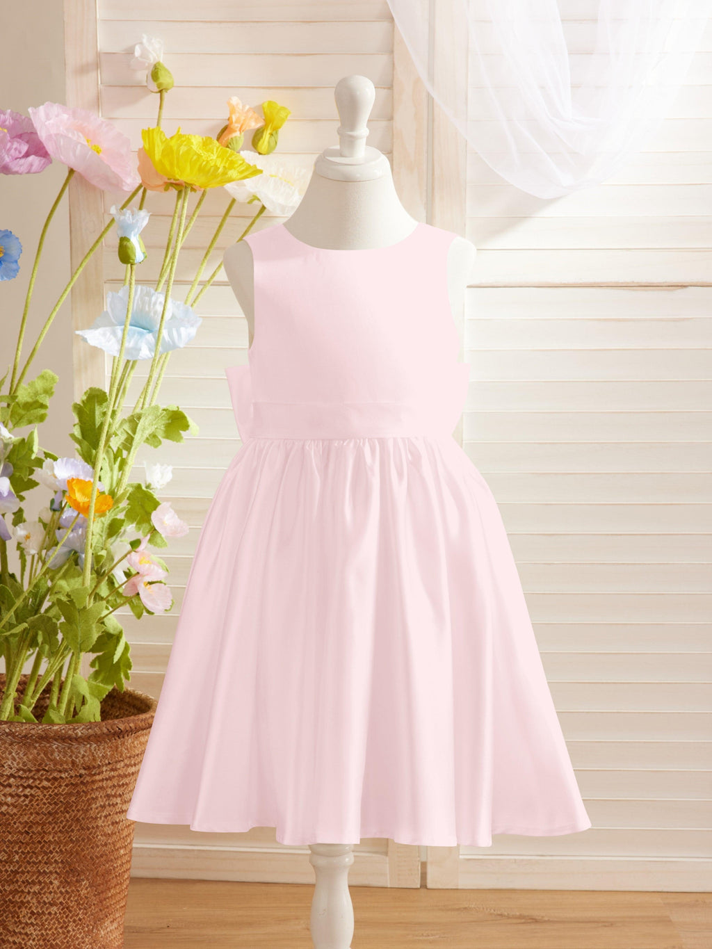 Ivory Satin Knee Length Flower Girl Dress Princess A Line Bow